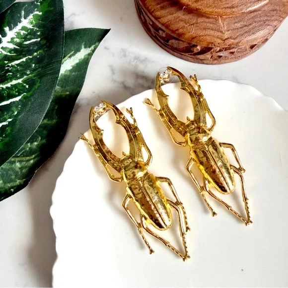 Gold Stag Beetle Crystal Earrings Jumbo Insect Scarab Bug Vtg Style Jewelry NEW - Picture 5 of 10